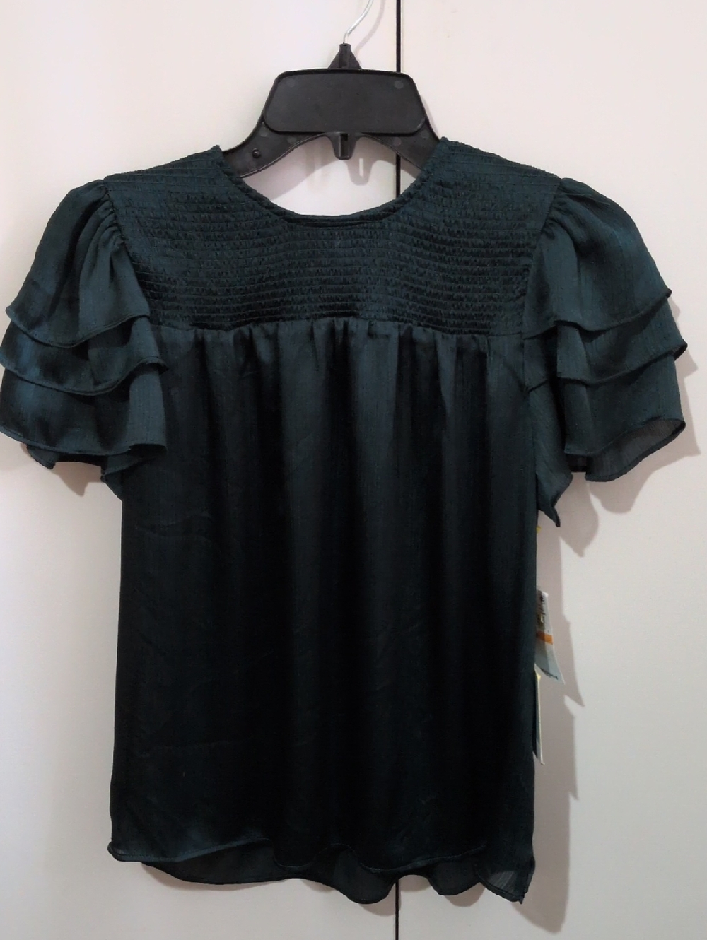 CeCe Dark Teal Ruffled Sleeve Smocked Yoke Blouse